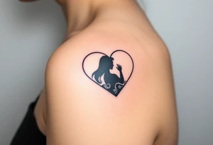 A mother and child shadow inside a heart-shaped puzzle piece, in black and white with a subtle blue glow tattoo idea