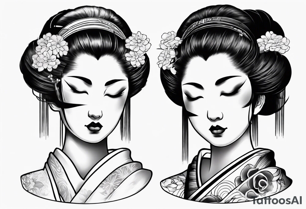 geisha face with two eyes closed and third realistic eye open tattoo idea