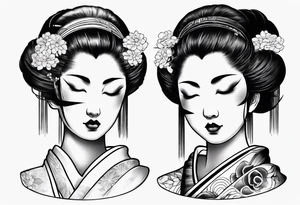 geisha face with two eyes closed and third realistic eye open tattoo idea