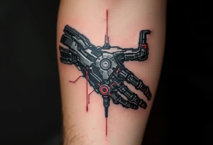 A biomechanical forearm sleeve with blackened steel tendons and pulsing red LED-like highlights under semi-transparent skin. tattoo idea