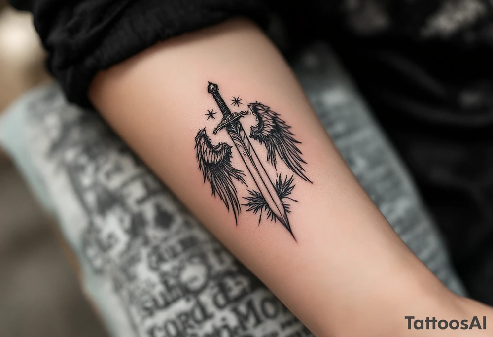 Momentum mori engraved on the sword of the angel of death tattoo idea