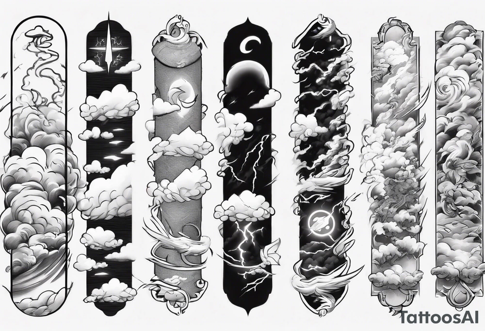 forearm sleeve lightning and clouds pattern tattoo idea
