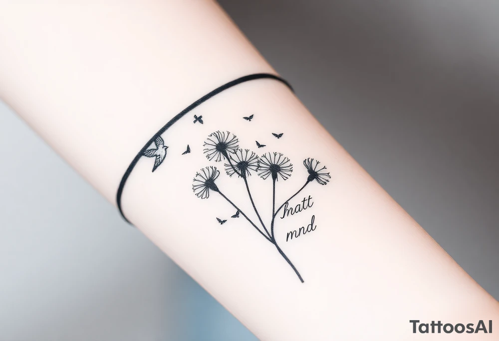 Double Black armband line around the forearm with wildflower dandelions in the middle with birds flying off and dopamine symbol coming off the stem. The words: Restless Mind, Wild Soul, Soft Heart tattoo idea