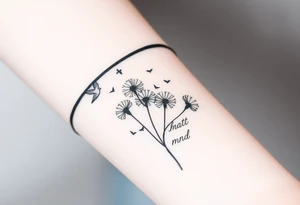 Double Black armband line around the forearm with wildflower dandelions in the middle with birds flying off and dopamine symbol coming off the stem. The words: Restless Mind, Wild Soul, Soft Heart tattoo idea