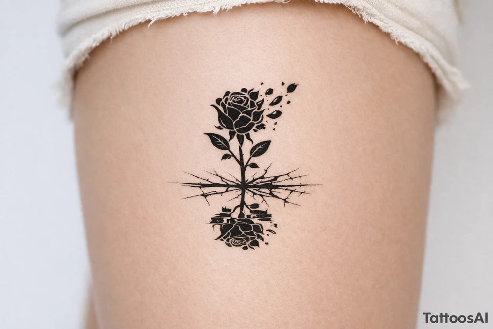 Rose silhouette shattering into fragmented petals, reflected in cracked ice. tattoo idea