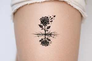 Rose silhouette shattering into fragmented petals, reflected in cracked ice. tattoo idea