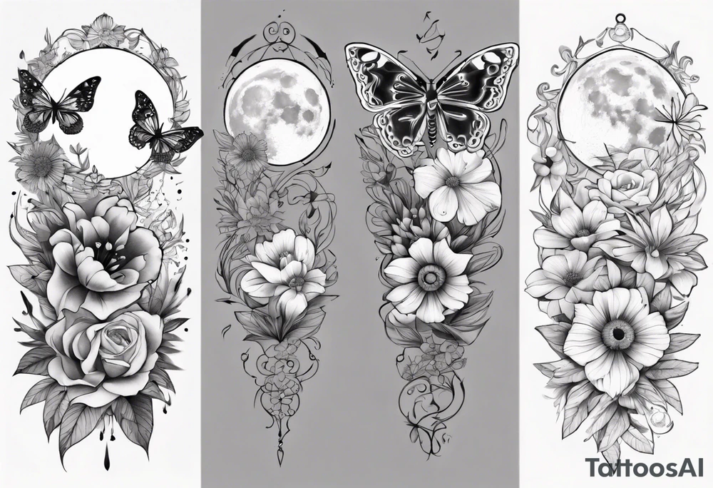 Thigh tattoo with floral and butterflies and moon. Show on thigh tattoo idea