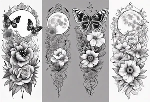 Thigh tattoo with floral and butterflies and moon. Show on thigh tattoo idea