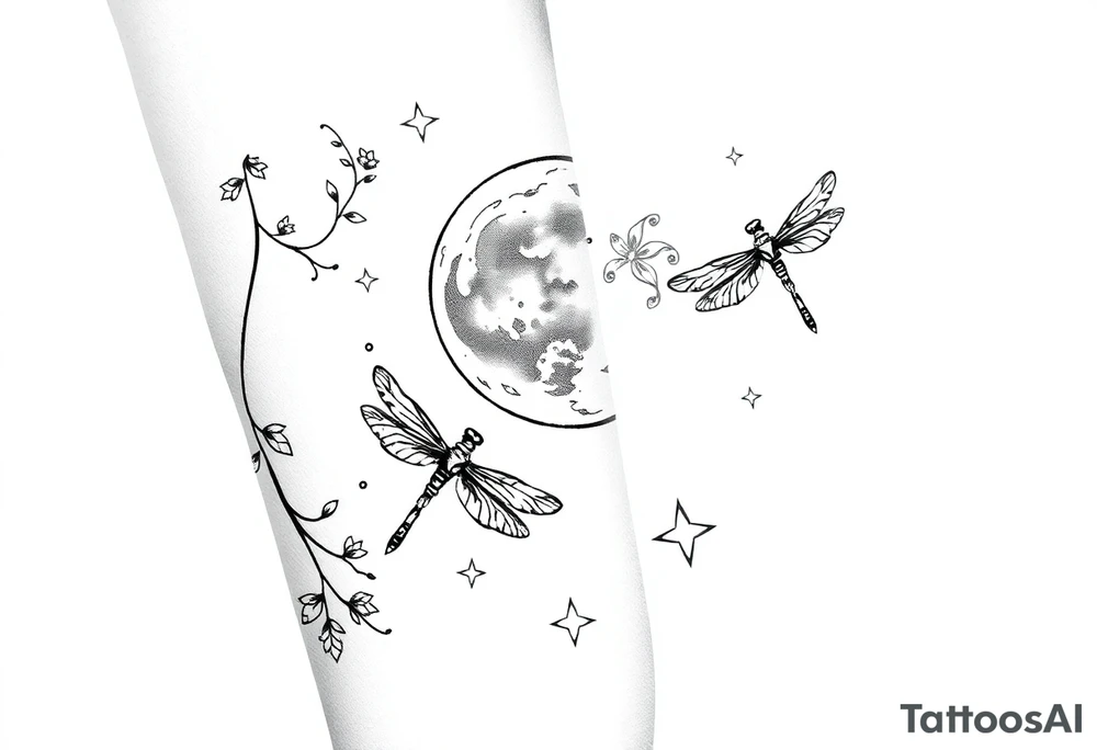 arm, background that contains, vines, dragonflies, stars, celestial moon tattoo idea