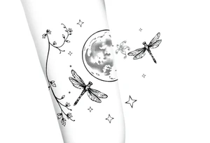 arm, background that contains, vines, dragonflies, stars, celestial moon tattoo idea