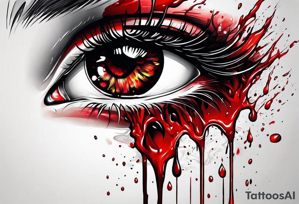 Bleeding tear flows to down from red eye sleeve tattoo design tattoo idea