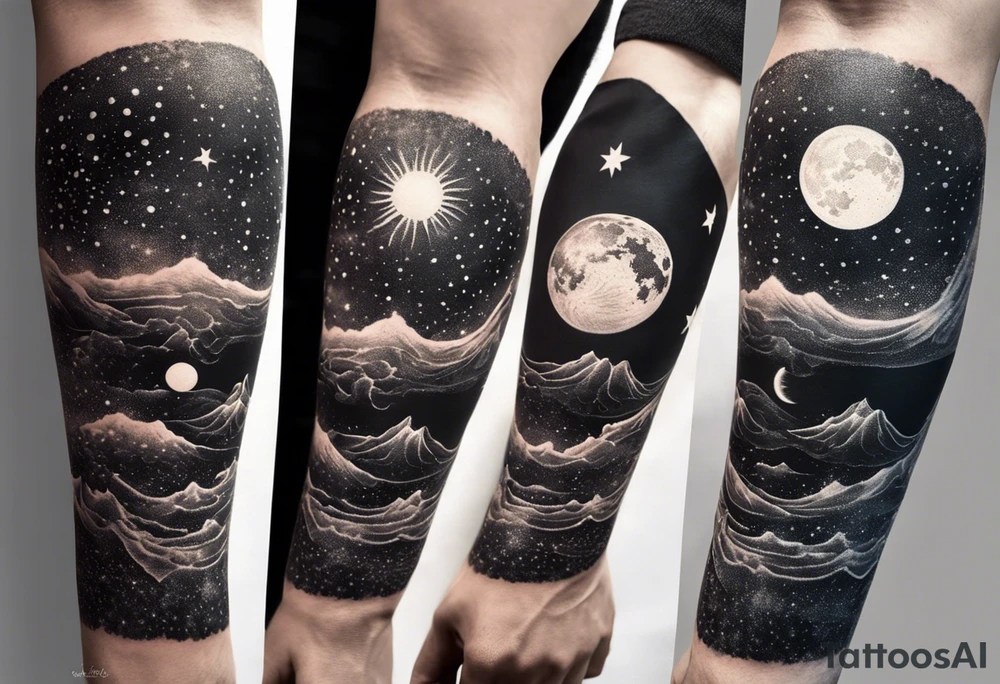 Collage for full left arm sleeve with:
a sun with a quarter moon, 
2 stars,
bass guitar, 
caduceus symbol tattoo idea