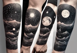 Collage for full left arm sleeve with:
a sun with a quarter moon, 
2 stars,
bass guitar, 
caduceus symbol tattoo idea