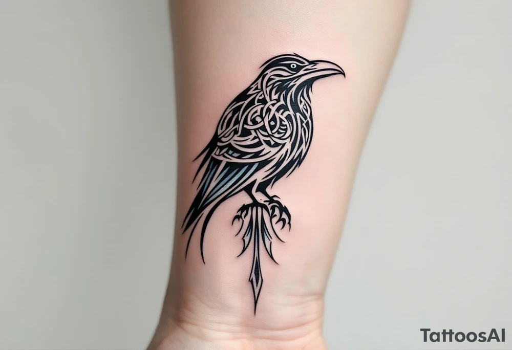 Celtic Raven in Ink-Wash Style
A raven composed of woven Celtic lines. Done in faded black and gray ink, with light feather-like textures in dusty blue. tattoo idea