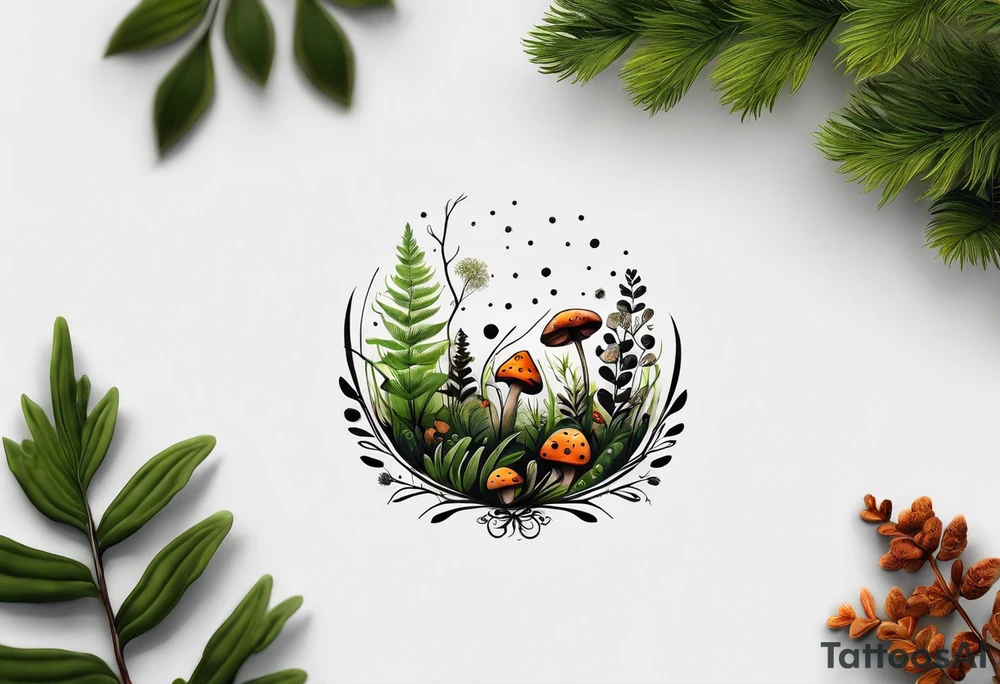forest floor inspired minimalist tattoo, which includes grass, curly ferns, moss and dead leaves as the bulk of the tattoo. details to include: forest berries, a tiny bumblebee flying nearby, three small brown mushrooms
Generate a vertically long one tattoo idea