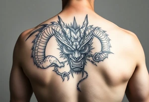 Divine dragon fighting
 a evil oni mask tattoo idea