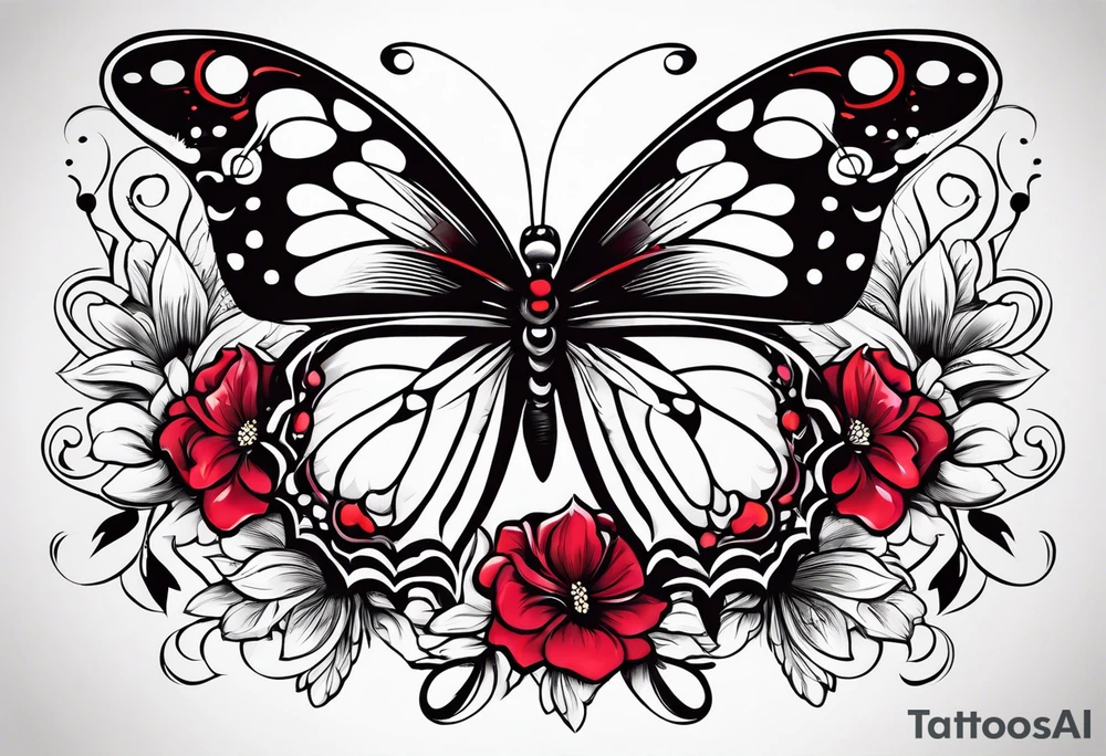 Flowers with "Ruby" in calligraphy font and butterflies around it tattoo idea