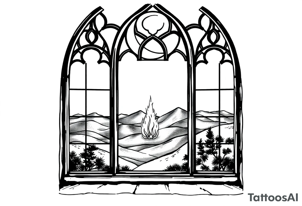 Tall church window with stained glass showcasing crescent moon over a hilly landscape as a fire burns in the distance tattoo idea