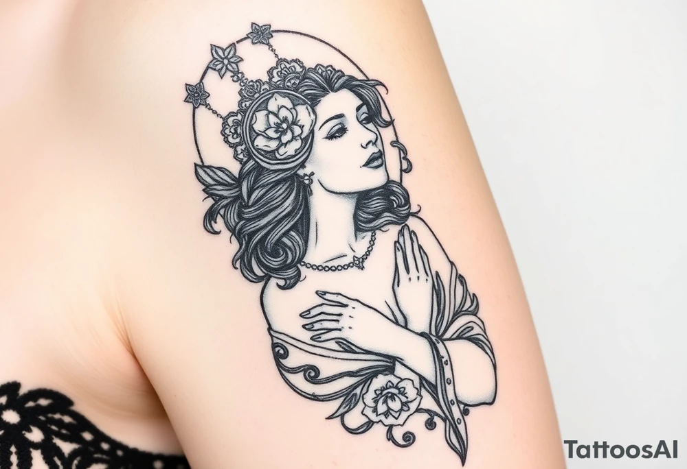 Florence from Florence and the machine as a saint in an art nouveau  style similar to her dance fever album cover art tattoo idea