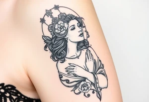 Florence from Florence and the machine as a saint in an art nouveau  style similar to her dance fever album cover art tattoo idea