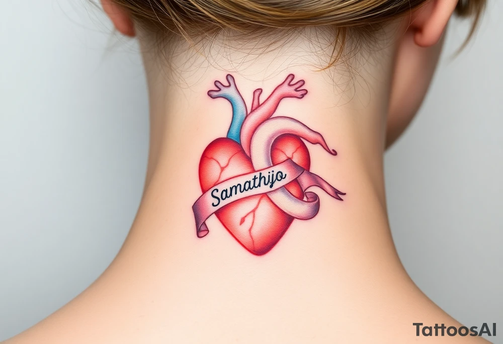 anatomical heart with flowing ribbons with the name Samantha Jo tattoo idea