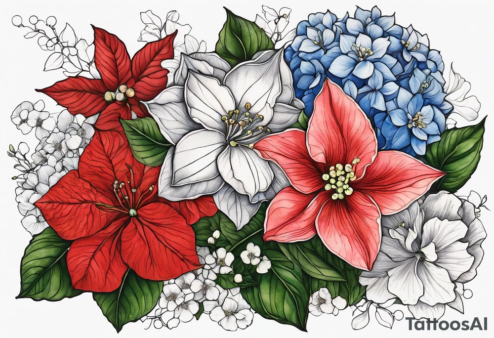 Hydrangea, Narcissus, Poinsettia, Holly, Gladiolus, Poppy, Daisy, Sweet Pea floral tattoo idea