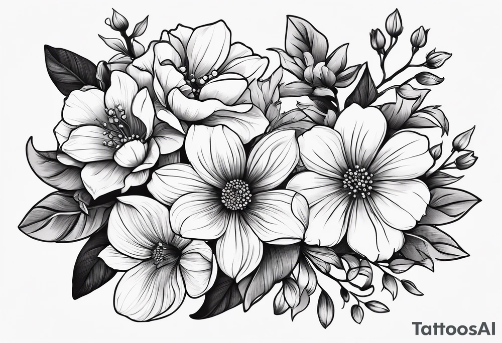 “Illustrate a small, elegant tattoo of a flower bouquet with clean lines and minimal shading, perfect for a feminine touch.” tattoo idea