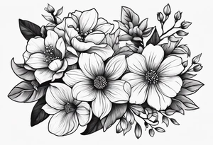 “Illustrate a small, elegant tattoo of a flower bouquet with clean lines and minimal shading, perfect for a feminine touch.” tattoo idea