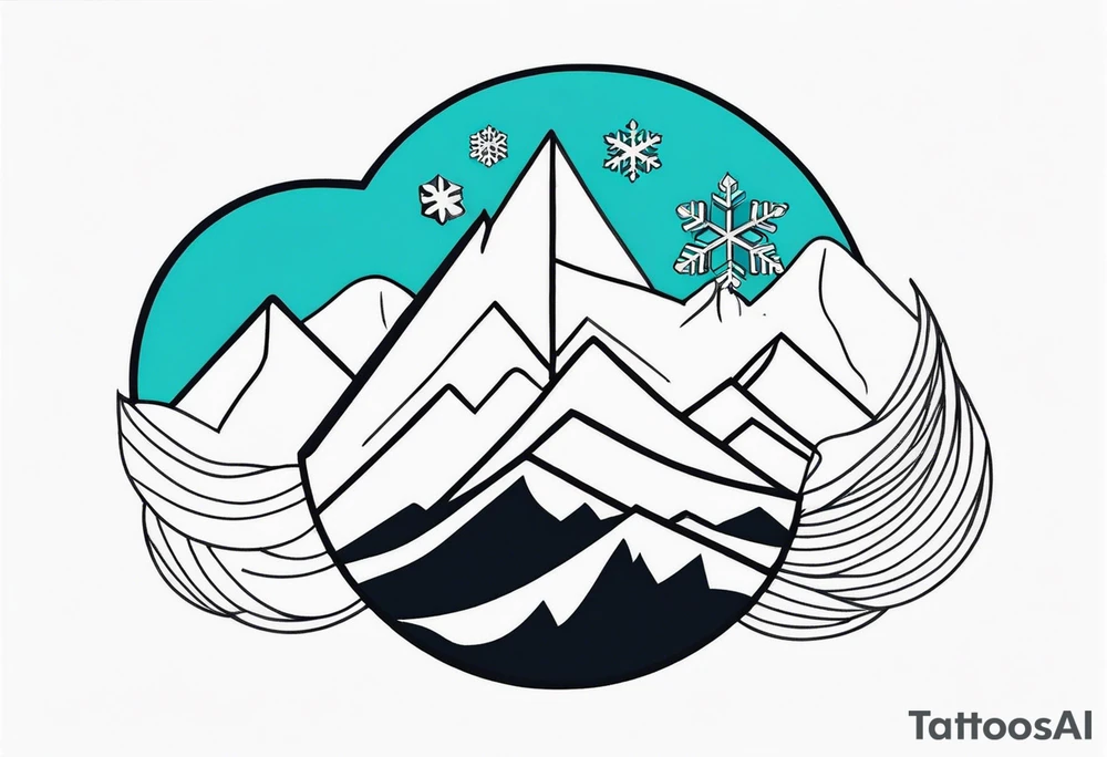 Small fine line tattoo with a vertical snowboard, with a snowflake and mountain line inside it tattoo idea