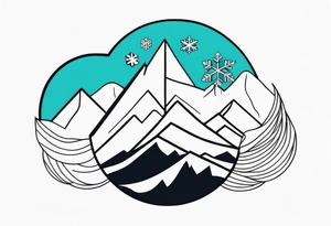 Small fine line tattoo with a vertical snowboard, with a snowflake and mountain line inside it tattoo idea