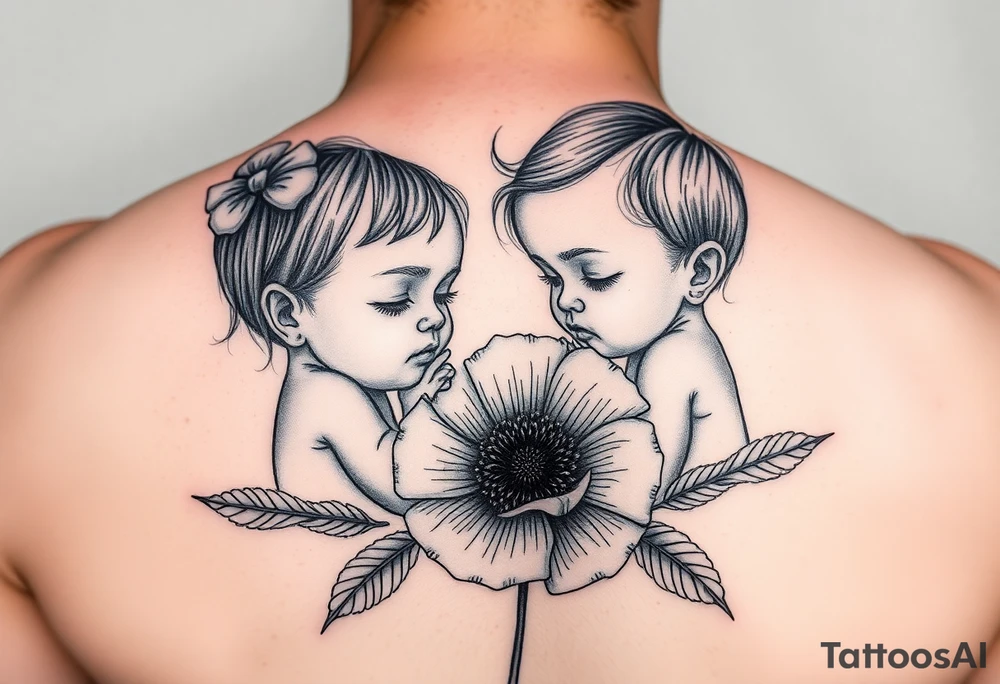 Two baby girls being held my mother with poppy flower tattoo idea