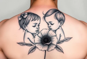 Two baby girls being held my mother with poppy flower tattoo idea
