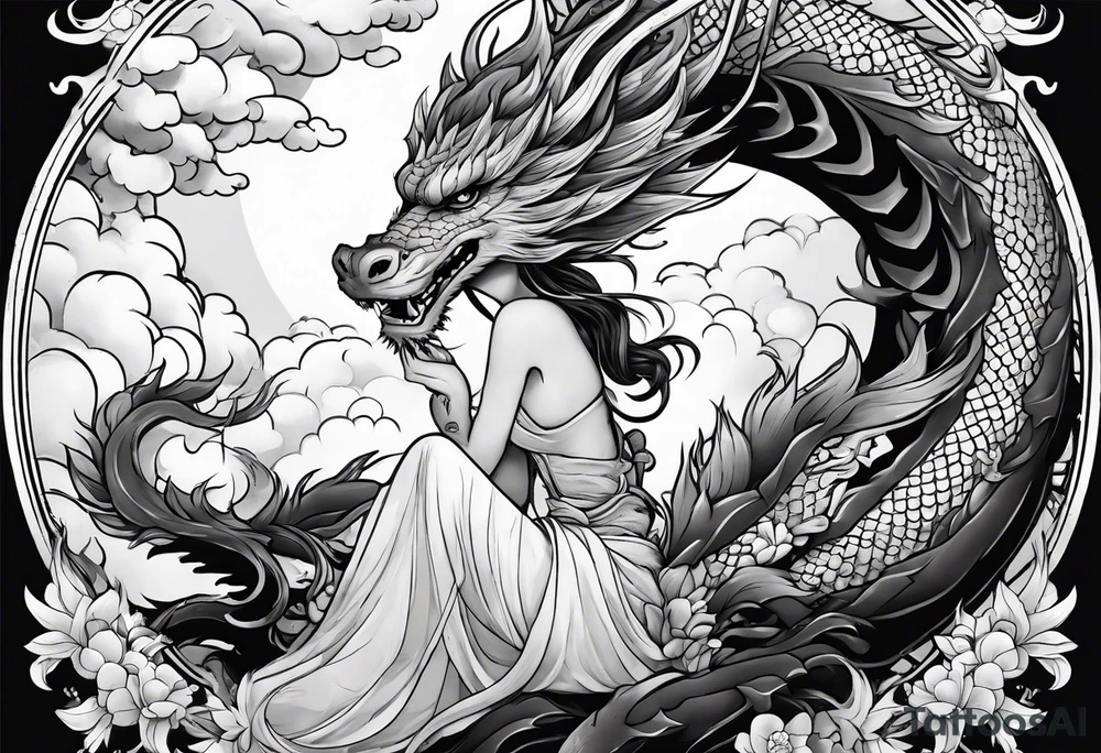 american traditional style of tattoo, an anime girl sitting on a asian dragon surrounded by cloud tattoo idea