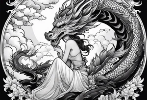 american traditional style of tattoo, an anime girl sitting on a asian dragon surrounded by cloud tattoo idea
