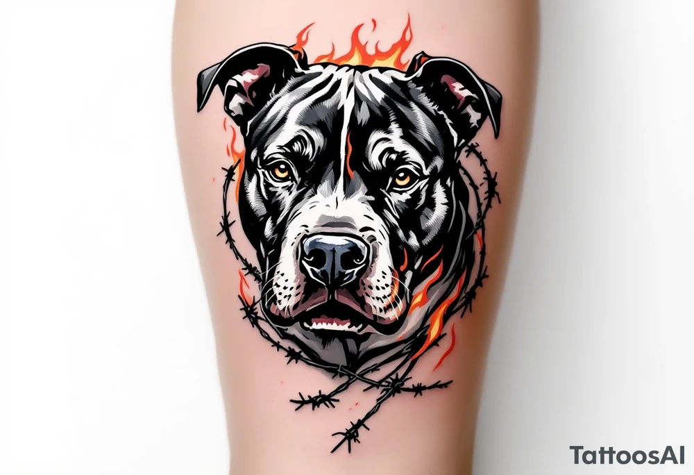 Pitbull surrounded by barbed wire and flames, fierce expression, black and gray fur, with realistic metallic barbed wire and red-orange flames swirling around. tattoo idea