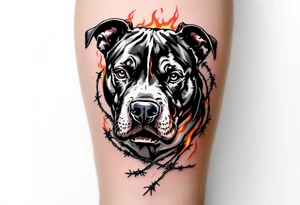 Pitbull surrounded by barbed wire and flames, fierce expression, black and gray fur, with realistic metallic barbed wire and red-orange flames swirling around. tattoo idea