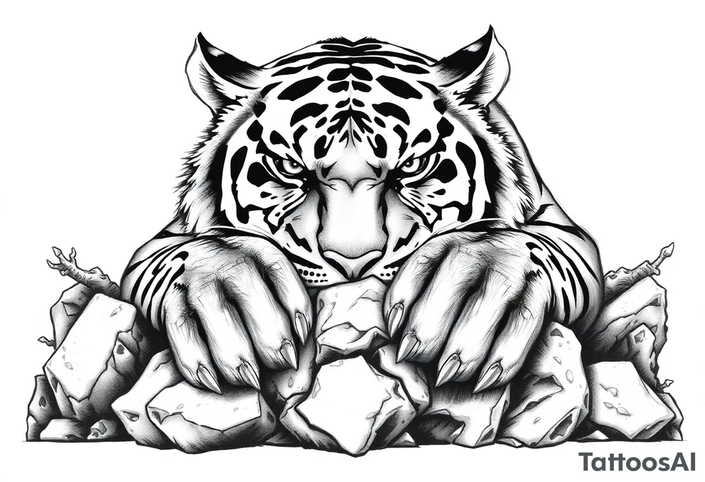 Tiger's powerful front paws gripping mossy jungle rocks, detailed. tattoo idea