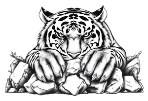 Tiger's powerful front paws gripping mossy jungle rocks, detailed. tattoo idea