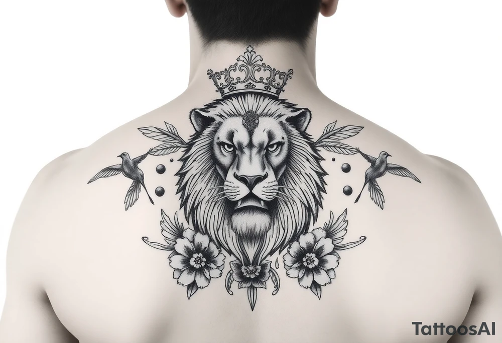 powerful majestic lion with a crown, surrounded by floral ornaments and birds tattoo idea