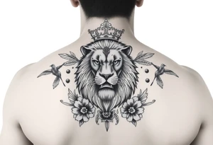 powerful majestic lion with a crown, surrounded by floral ornaments and birds tattoo idea