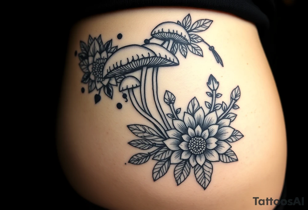 Could you possible make me a nature tattoo with mushrooms crystals  flowers mandala boho but vibrant colorful and psychedelic colorful too that would wrap from front of hip around side to mid back to cover an existing one tattoo idea