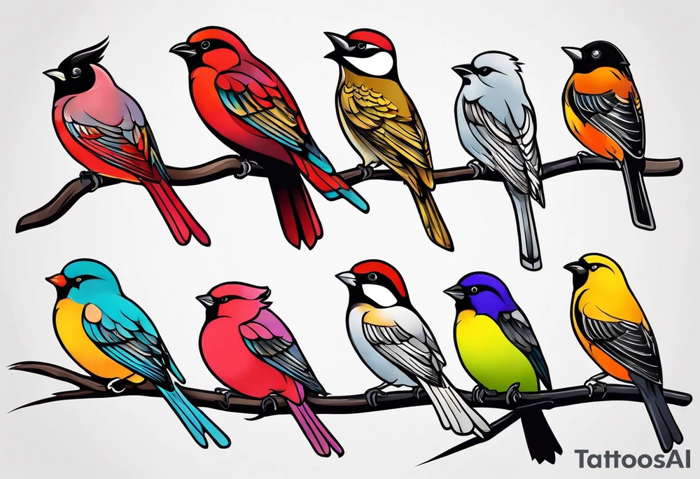 Seven small, colorful birds tattoo idea