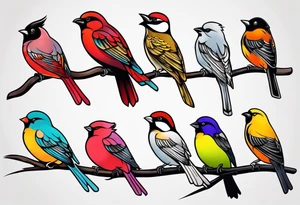 Seven small, colorful birds tattoo idea