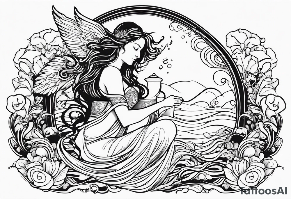 A black line ink design for a full sleeve tattoo featuring a beautiful, semi-naked woman representing the Aquarius water bearer. She has elegant, detailed angel wings and is pouring water out of a jug into a flowing stream. The stream curves around the arm, and within it, a single crab is visible, symbolizing the zodiac sign Cancer. The design should emphasize intricate line work, with a focus on the flowing water, the woman’s serene expression, and the detailed wings. The overall style should be elegant and mystical, with an emphasis on the contrast between the soft curves of the woman and the fluidity of the water, all rendered in black ink only. tattoo idea