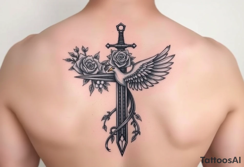 Cross sword darkened in with roses pearls and a phoenix rising from the ashes feminine but powerful tattoo idea
