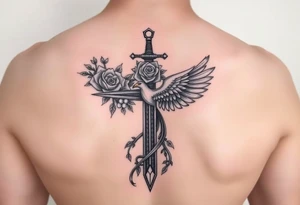 Cross sword darkened in with roses pearls and a phoenix rising from the ashes feminine but powerful tattoo idea