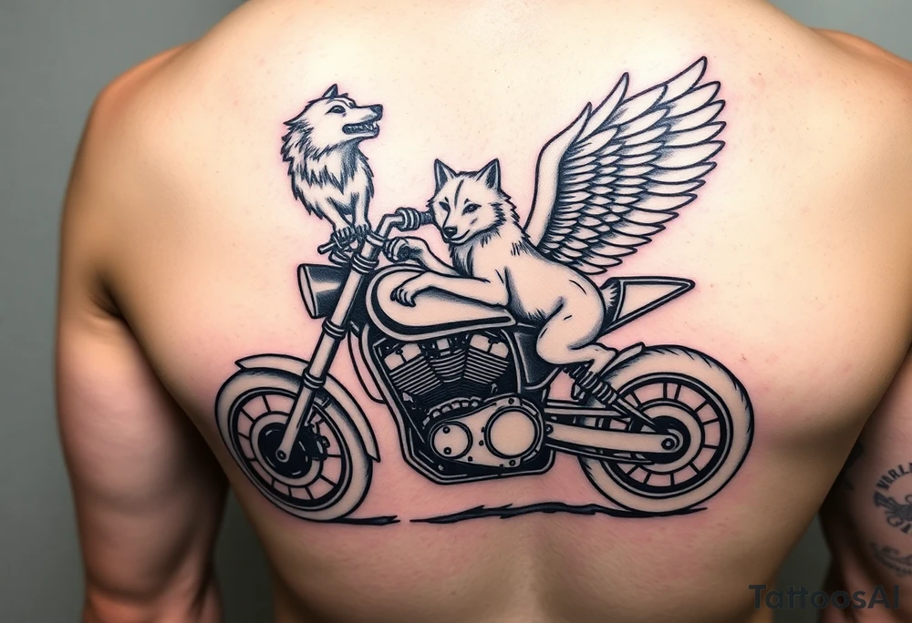 a motorcycle on it with guardian angel wolves on the bike tattoo idea
