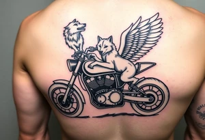 a motorcycle on it with guardian angel wolves on the bike tattoo idea