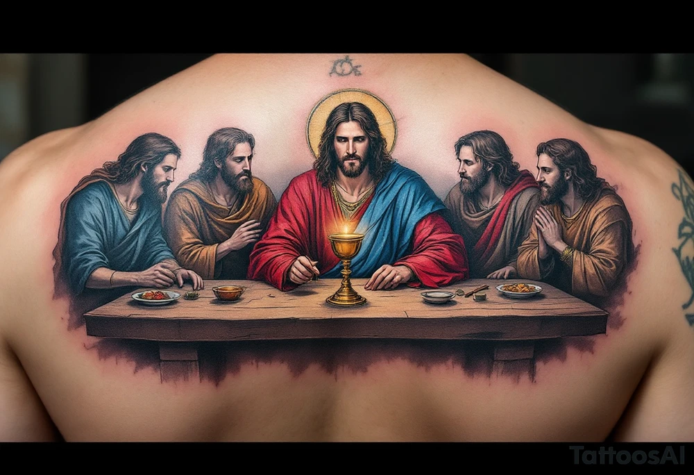 Jesus and the Apostles – A scene depicting Jesus seated at the Last Supper, with vibrant reds, blues, and earth tones representing His apostles. The golden chalice in front of Him symbolizes communion. tattoo idea