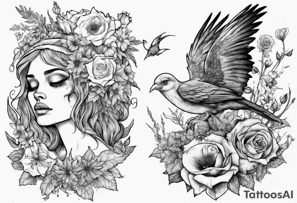 Elf carrying her dead bird in a flower medow tattoo idea